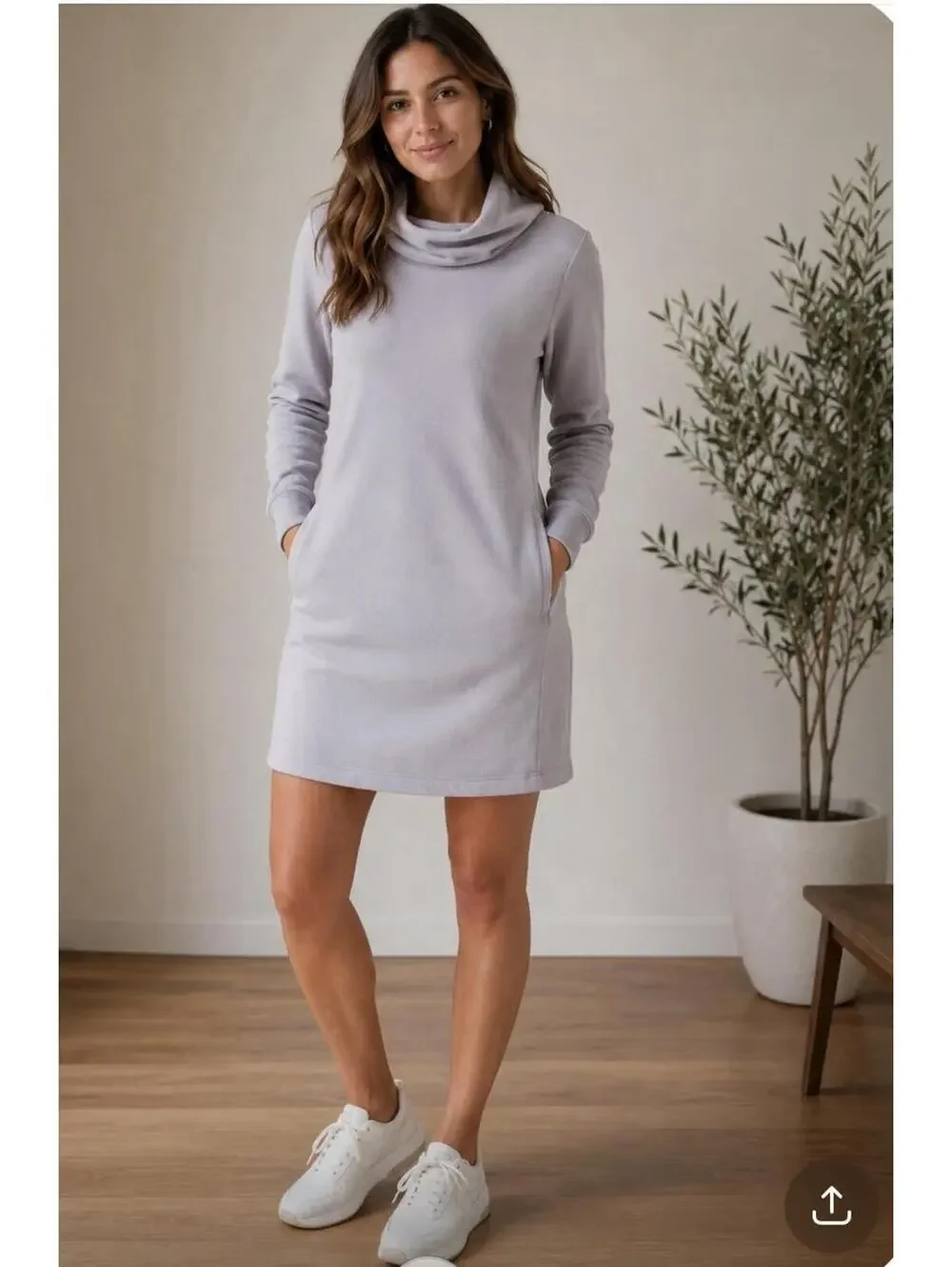 Athleta Cozy Karma Sweatshirt Dress Lilac Fleece Lined Thumbholes Women M Pocket - Picture 1 of 9